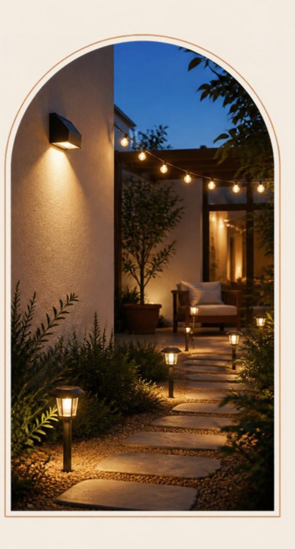 Luminárias solares iluminando jardim e caminho