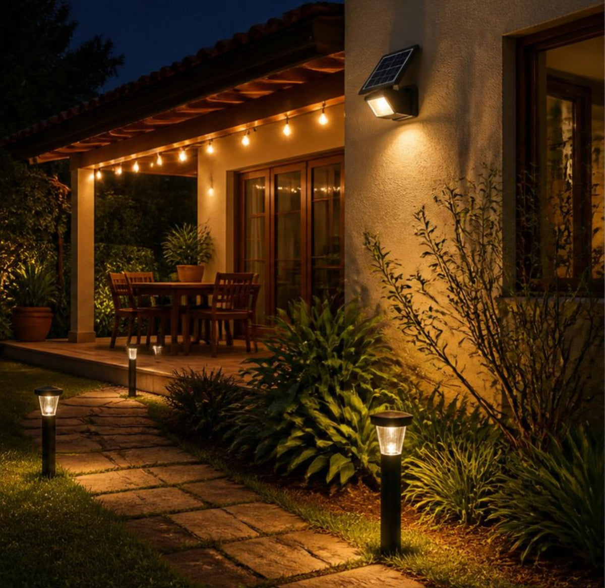Casa iluminada à noite com luminárias solares